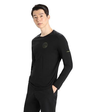 Black Men's Icebreaker Merino 200 Oasis Long Sleeve Crewe Alps 3D Base Layers | USA 1351JPQJ